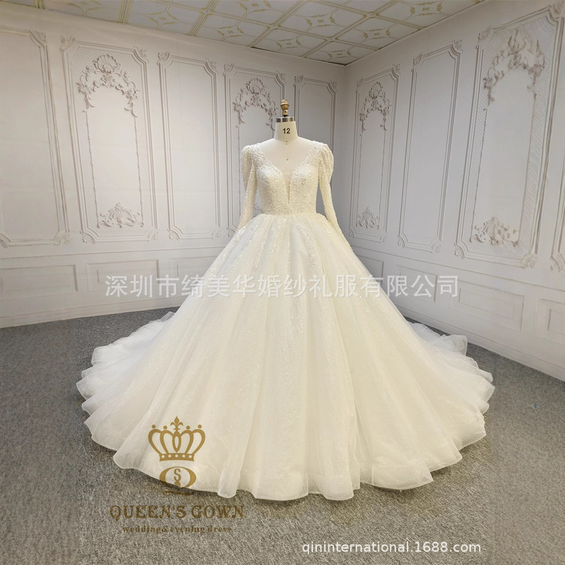 Luxurious A-Line Long-Sleeve Wedding Dress with Puff Sleeves, Heavily Handmade Beaded Lace, Bridal Wedding Dress with a Large Puffy Skirt and Long Train