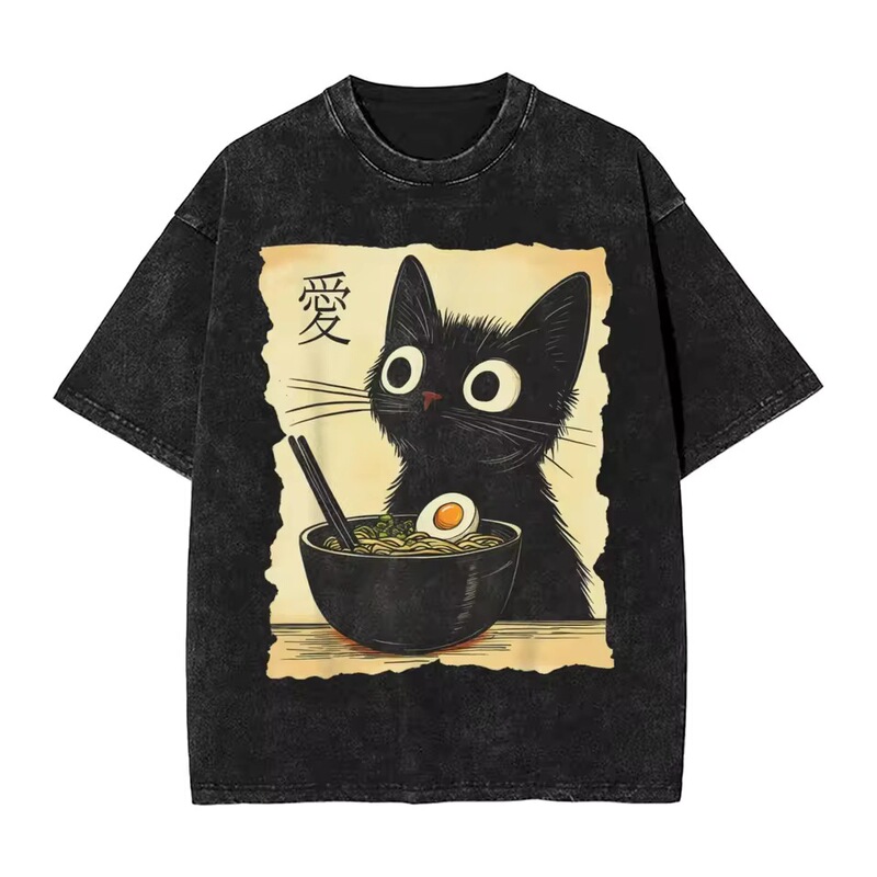 Japanese Ramen Cat T-Shirt for Men and Women, Funny Black Cat Eating Noodles Graphic T-Shirt, Washed Retro Summer Top Japanese Ramen Cat T-Shirt for Men and Women, Funny Black Cat Eating Noodles Graphic T-Shirt, Washed Retro Summer Top