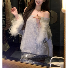 "小富婆"灰色一字肩毛衣女秋季羊毛混纺宽松慵懒上衣2025新款女装