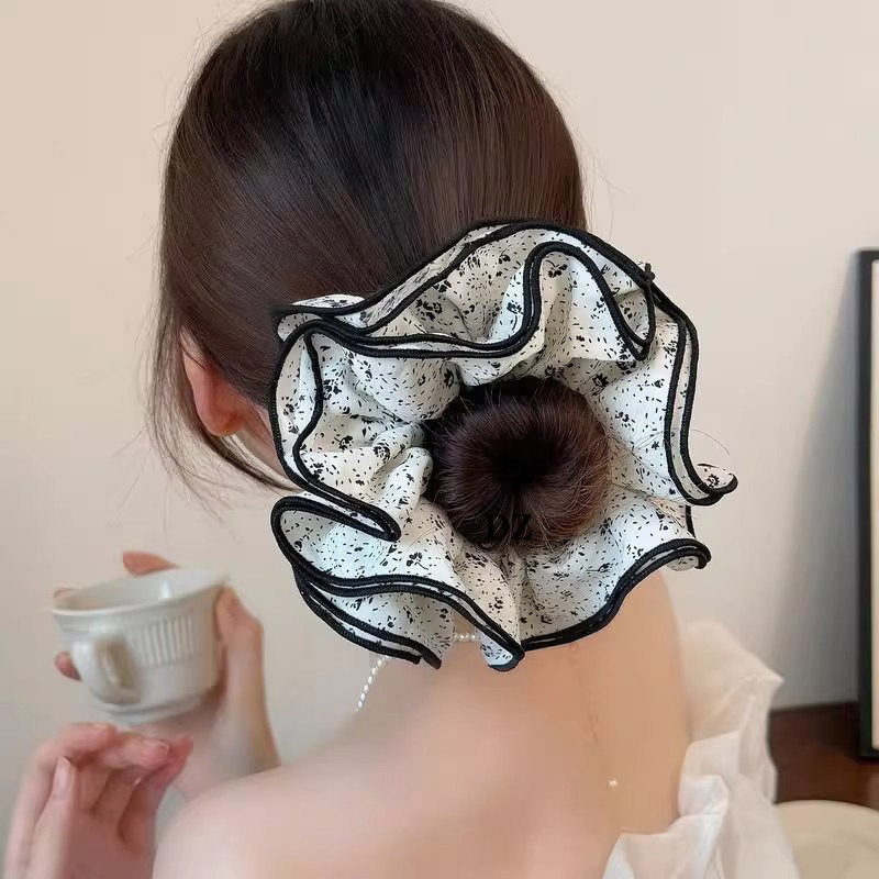 小清新黑白碎花四层大肠发圈简约百搭丸子头发绳日常通勤马尾发绳|undefined