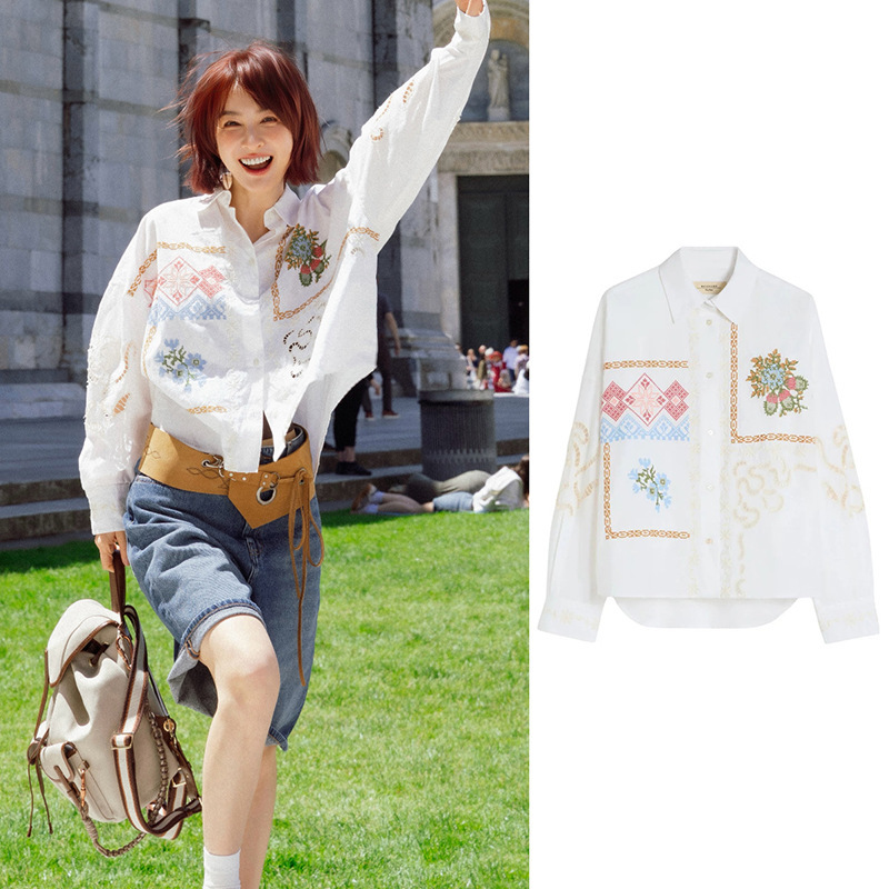 Wu Xin~French style 2026 early autumn loose and stylish cross-stitch geometric floral hollow-out collared women's shirt 26747