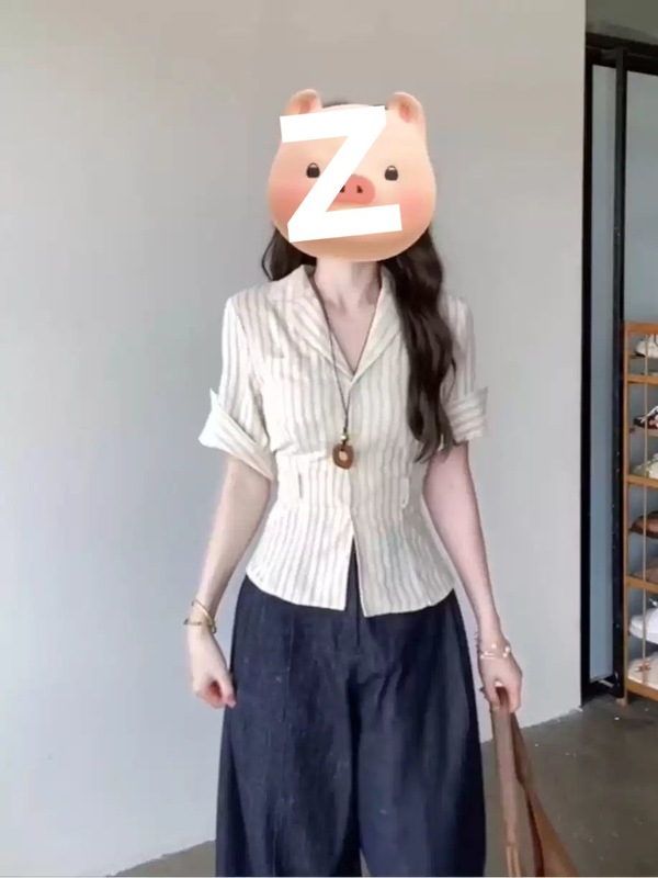纯欲风套装女2025夏季新款韩系洋气绑带收腰条纹衬衫阔腿裤两件套|undefined
