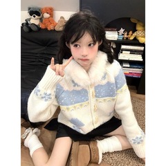 慵懒风费尔岛毛衣外套女秋冬牛角扣毛领连帽针织开衫宽松甜美上衣