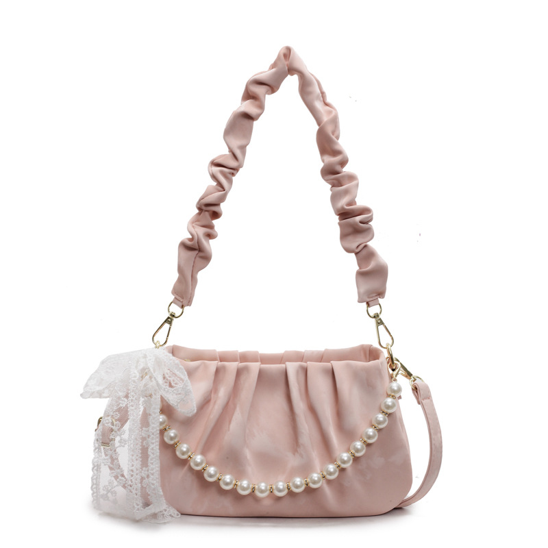 Bolso de axila de perlas plisadas para mujer 2025 nuevo bolso de hombro de alta gama de nicho francés bolso cuadrado pequeño de moda de todo fósforo