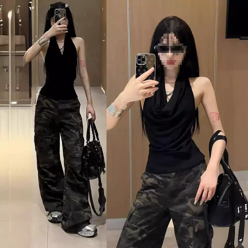 夏季辣妹性感荡领挂脖吊带背心女修身设计感黑色无袖露背上衣外穿