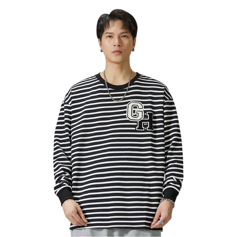 F2139 | Большие размеры Мужская осенне-зимняя Новинка 350 г Тяжелая черно-белая полосатая одежда свободная Мужская куртка с вышивкой и круглым вырезом