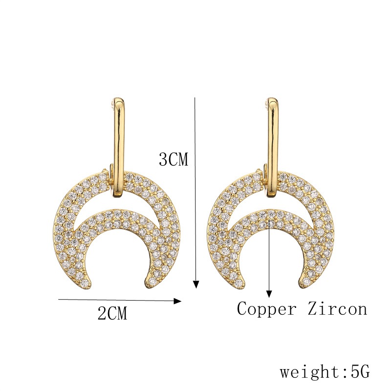 Fashion Moon Heart Shape Copper Hollow Out Inlay Zircon Earrings Ear Studs 1 Pair