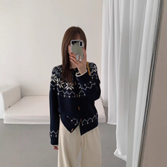 新款复古费尔岛氛围设计慵懒风毛衣开衫文艺圆领针织衫女百搭外套