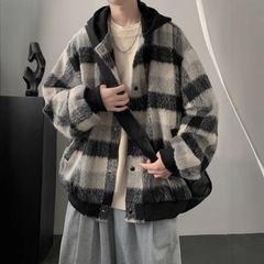 小香風毛は帽子のコートの男性の秋の服の偽の2枚のoversizeラシャの格子のカーディガンのジャケットです。