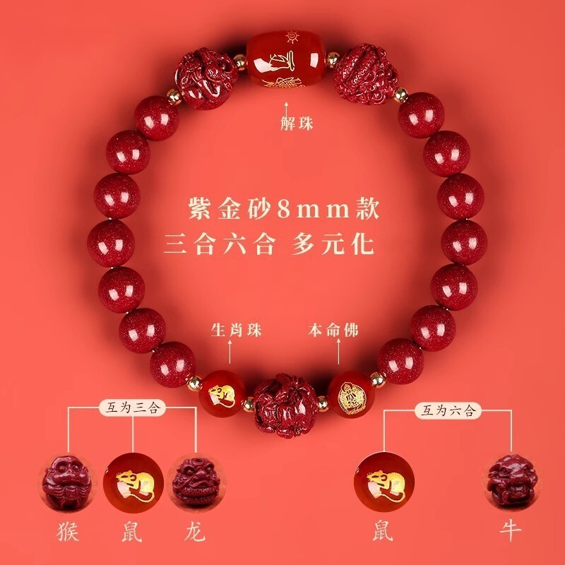 2026年新朱砂手串女鼠牛兔马本命年紫金砂手链男三合六合正品礼物|undefined