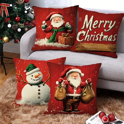 Y2JIT代发亚马逊跨境亚麻抱枕靠枕套4-Pack Snowman Santa Claus