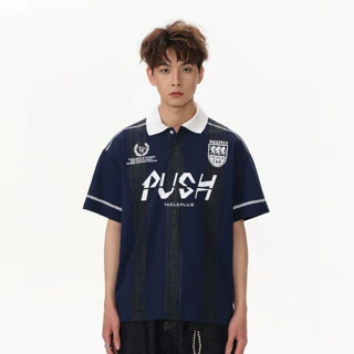 跨境潮牌男装2026新款美式球衣翻领polo运动衫字母徽章印花条纹T