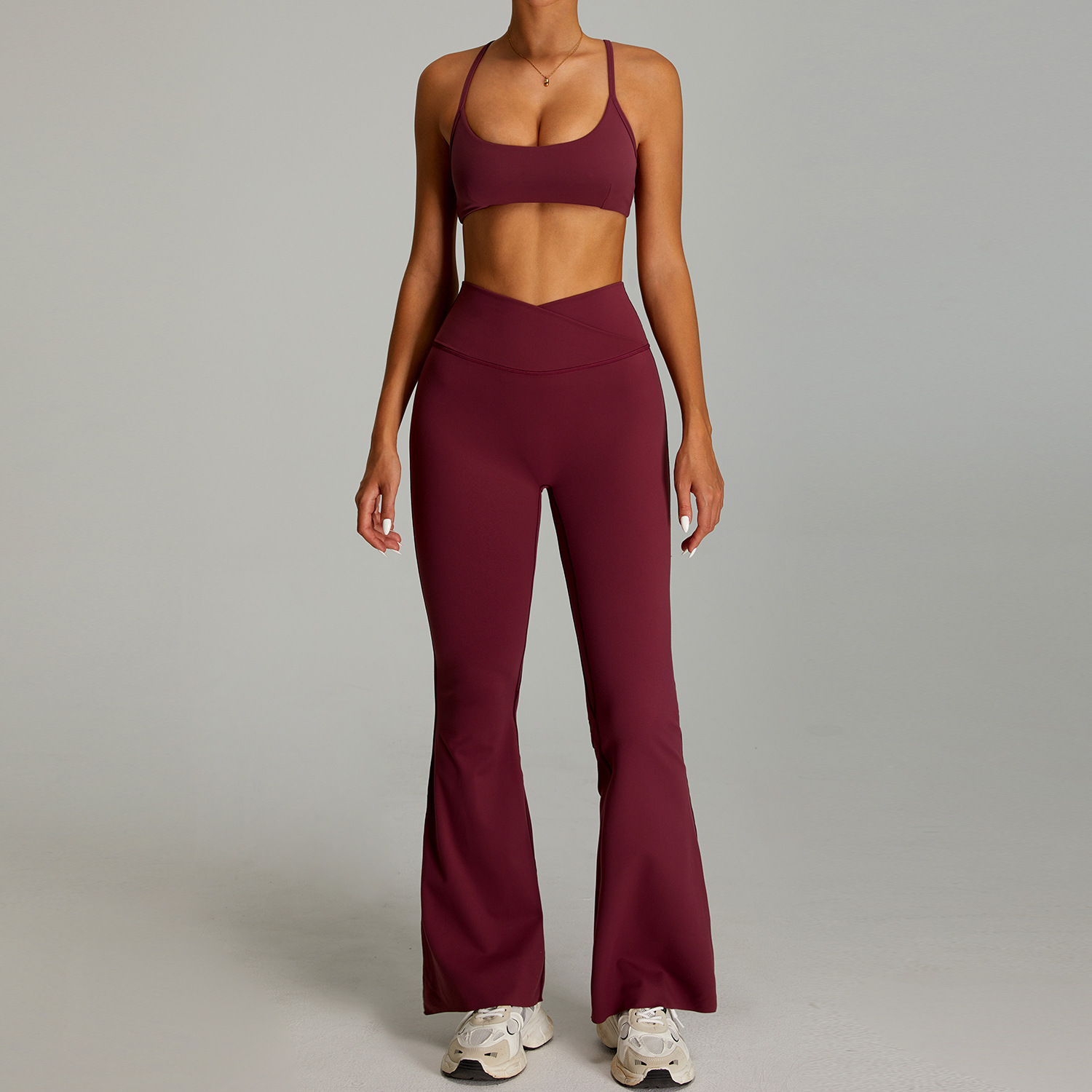 Traje de ropa de yoga desnuda de cintura alta cruzada transfronteriza, ropa de fitness ajustada de secado rápido para mujer, traje de carrera para deportes al aire libre