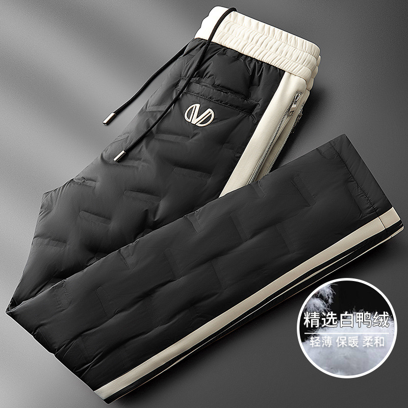 Luxury Winter Warmth Thickened White Duck Down Pants for Men, Color Block Stitching, Outdoor Sealed Straight Leg Casual Pants