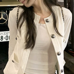中古香香 白色明线撞色小香牛仔短外套女秋夹克