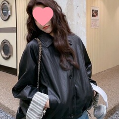 2025年春秋新款高级感皮外套女翻领宽松机车夹克上衣蓝色黄色无