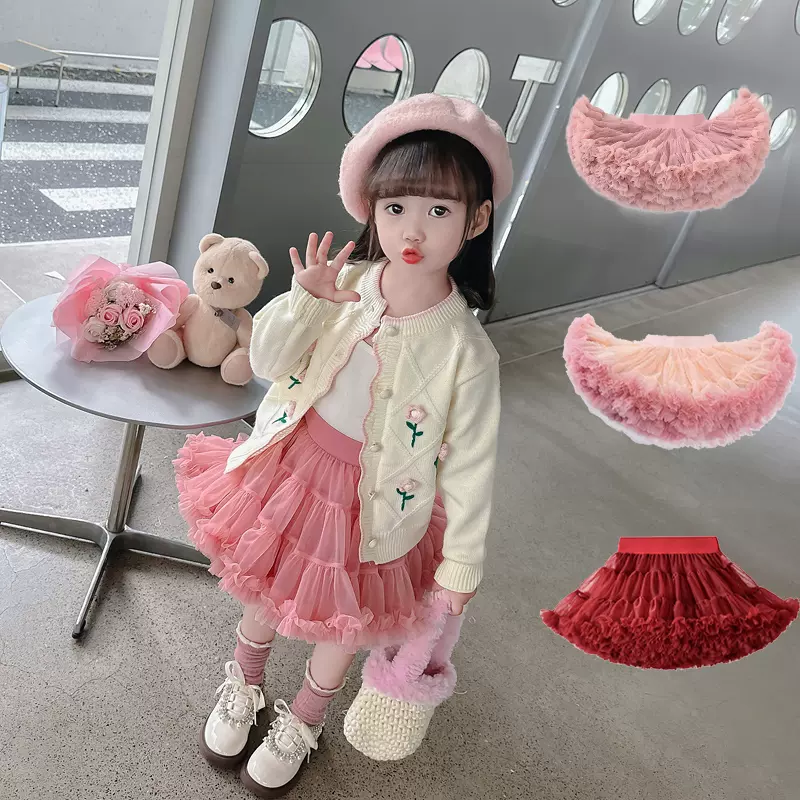 女童二代tutu裙新款酒红色网红儿童蓬蓬裙洋气女宝宝兔兔裙半身裙