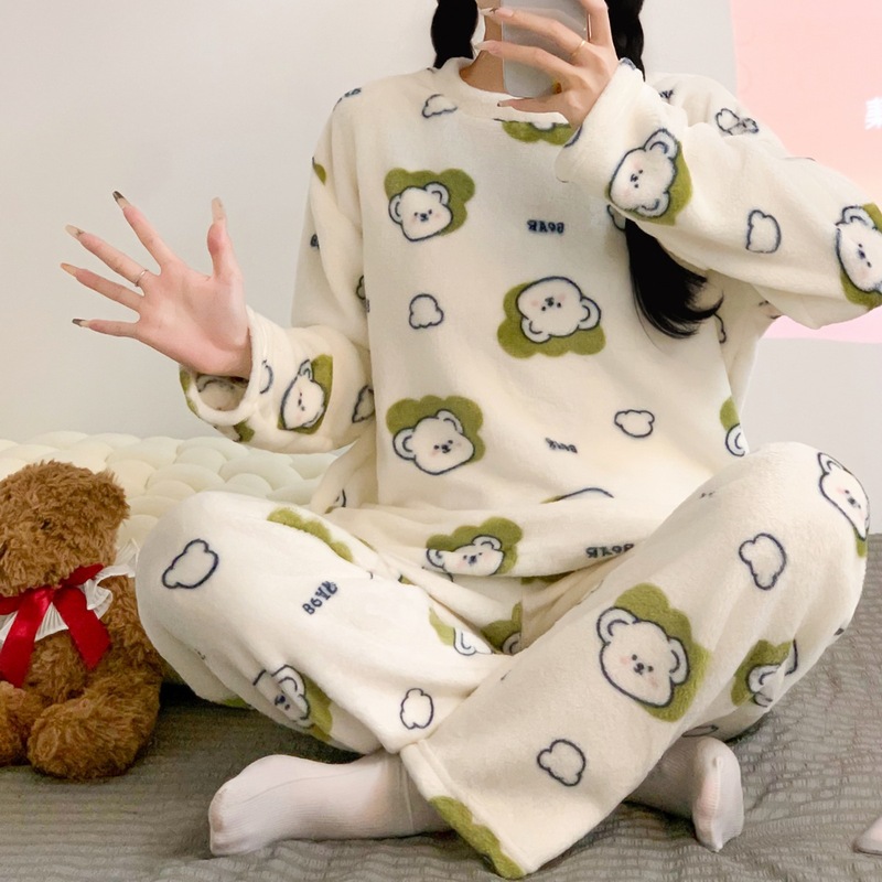 Ins Style Fleece-Lined Thickeneded Coral Velvet Winter Pajamas for Women in Autumn and Winter Cute Student Home Clothes Set That Can Be Worn Outside
