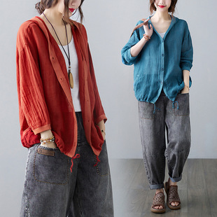 2024 Summer Thin Coat Vintage Cotton and Linen Mid-length Cardigan Women's Loose Artistic Air-conditioning Shirt Sunscreen Outer Wear