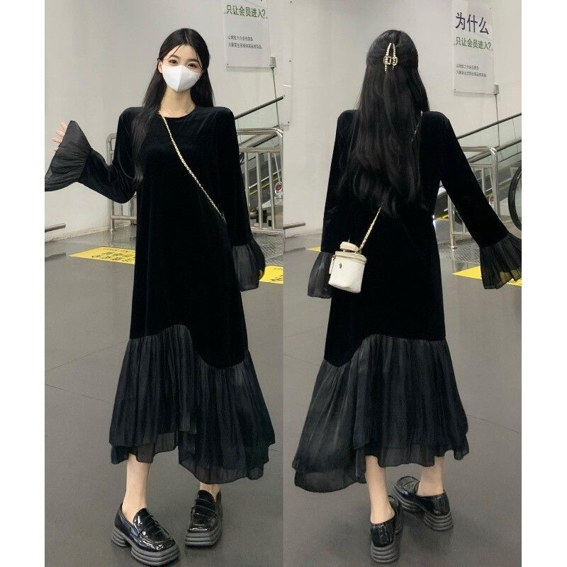 Velvet Dress for Women, New Autumn Style, Round Neck Pullover, Waist-Cinching, Slimming, Spliced Mesh, Mid-Length, Long-Sleeve Mermaid Dress Velvet Dress for Women, New Autumn Style, Round Neck Pullover, Waist-Cinching, Slimming, Spliced Mesh, Mid-Length, Long-Sleeve Mermaid Dress