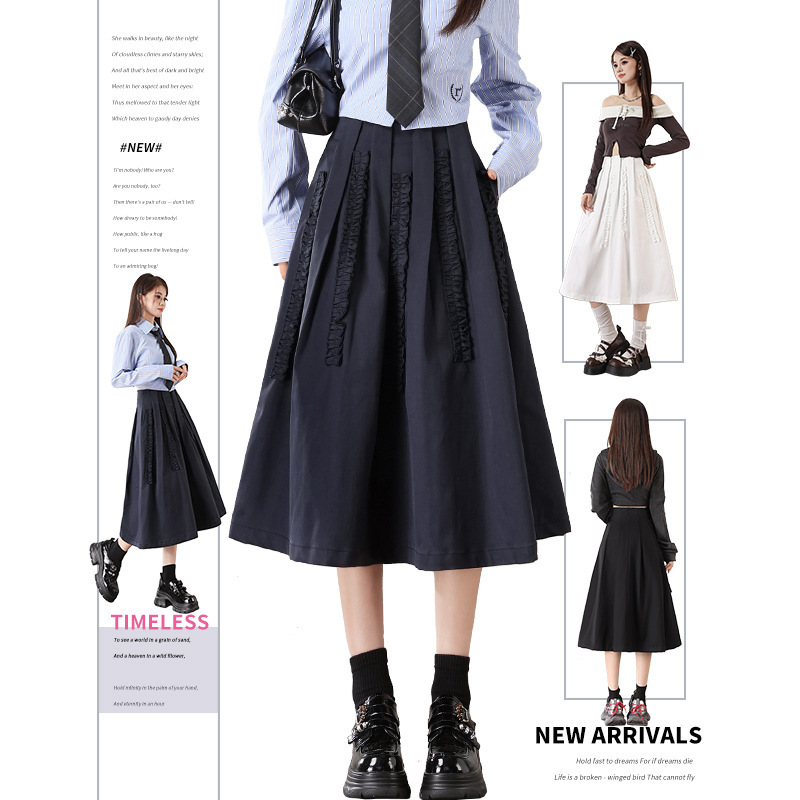 2025 Autumn New Niche Design Ruffled Slimming Flared Midi Skirt French Retro Mature Style Skirt