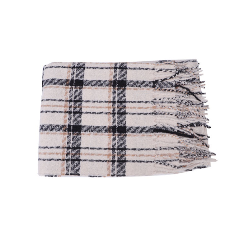 Écharpe à carreaux en cachemire d'hiver, châle chaud polyvalent à pompon pour femme, couleur contrastée pour couple, écharpe pour étudiante_voghion.com