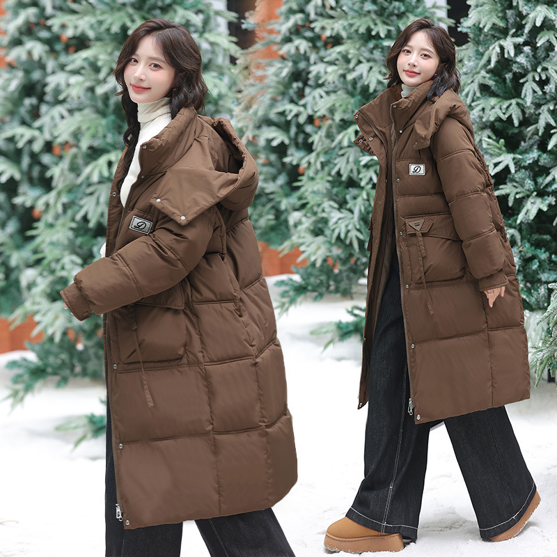 2025 invierno nuevo largo estilo coreano suelto chaqueta de pluma de algodón para mujeres laca engrosada chaqueta de algodón con capuz