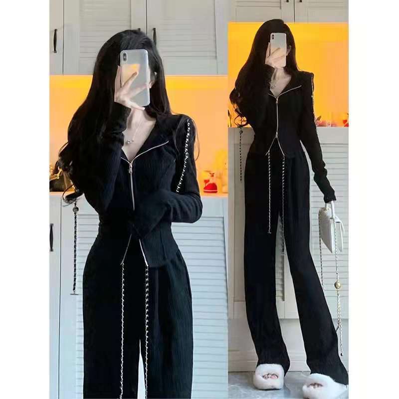 캐주얼 패션 스포츠 땀 세트 여성 가을 소금 착용 Yujie 틈새 디자인 와이드 레그 바지 투피스 세트