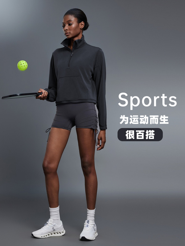 休闲宽松半拉链卫衣女秋季防风立领抽绳下摆健身运动上衣D25136|undefined