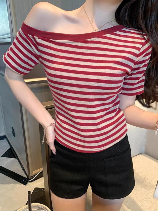 纯欲风ins辣妹露肩条纹短袖T恤女2025夏季新款修身打底时尚上衣女|undefined