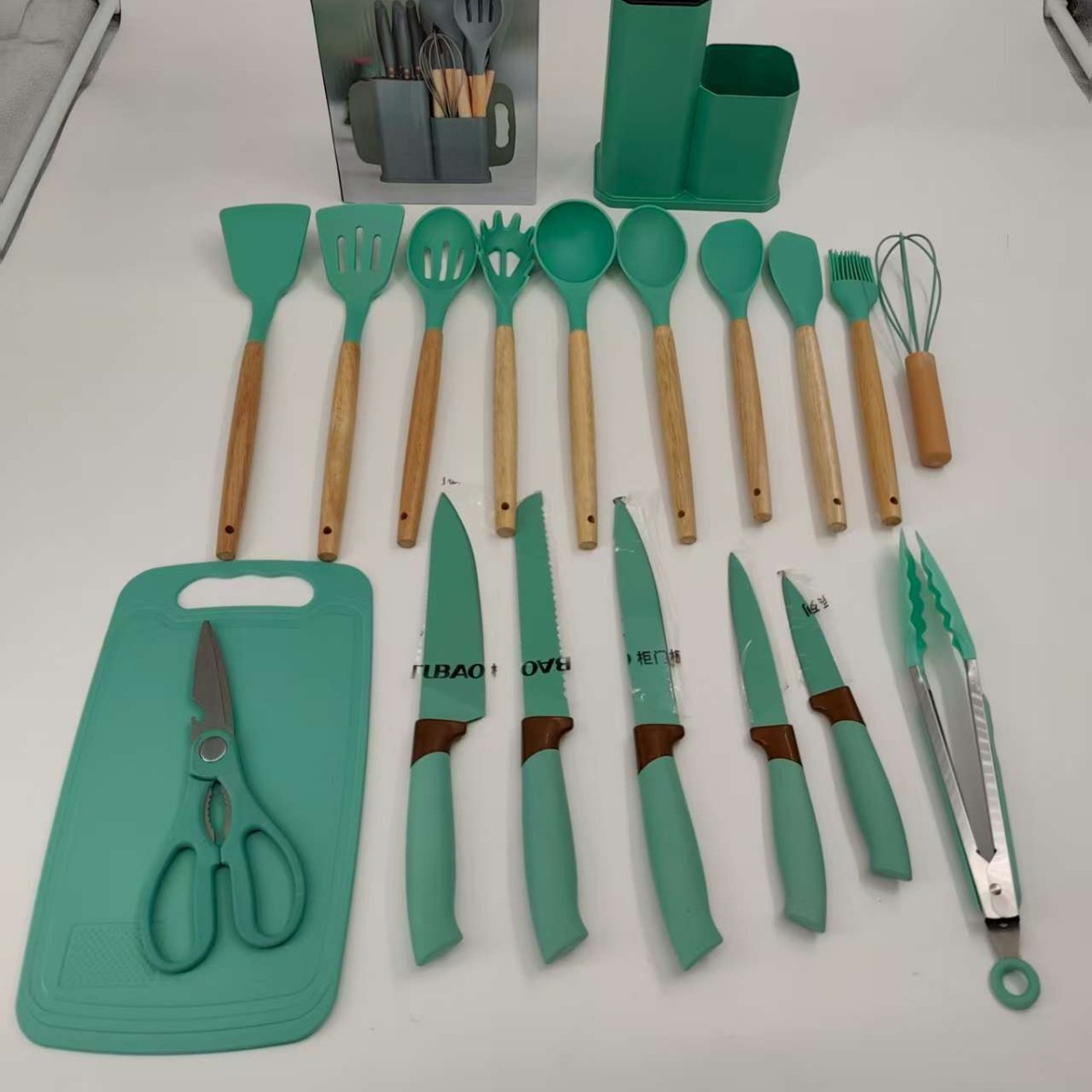 Utensilios de cocina de silicona transfronterizos, juego de 19 piezas, cubo de almacenamiento de herramientas de cocina, juego de cuchillos de cocina