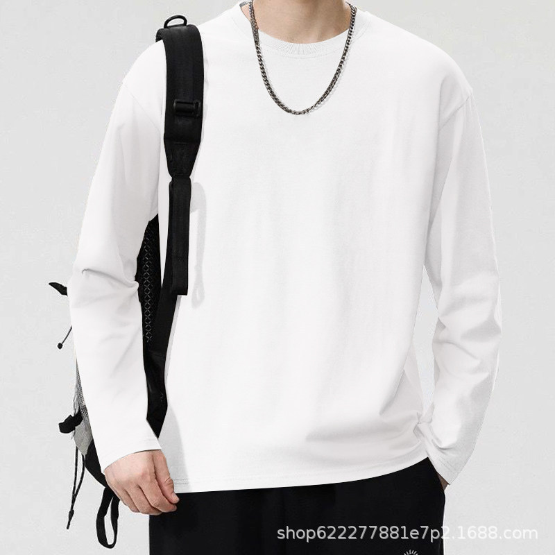 Spring, autumn, and winter knitted long-sleeve t-shirt for men, pure cotton, round-neck sweatshirt, loose-fitting, casual top for men