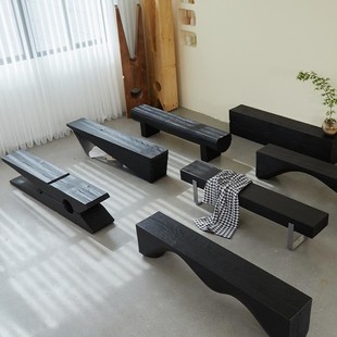 Log Bench Solid Wood Carbonized TV Cabinet for Living Room Black Retro Bench Shoe Changing Stool