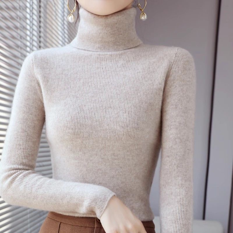 Autumn and Winter New Stylike Turtleneck Sweater Women's Pullover Short Long-Sleeved Slim-Fit Tight Pile Knitted Base Shirt