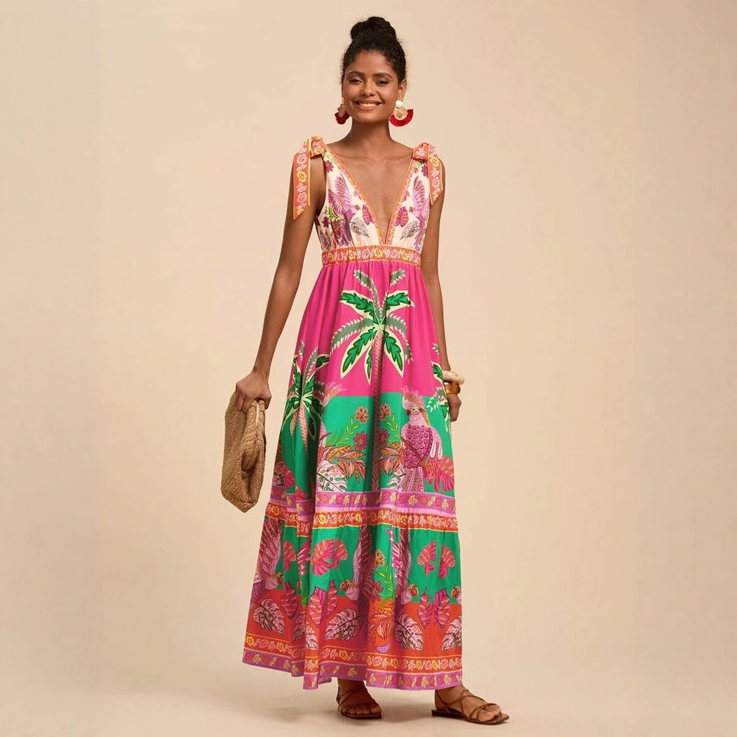 2025 새로운 국경 유럽과 미국의 대외 무역 여성의 꽃 인쇄 깊은 V-목 긴 우아한 매력 해변 원피스