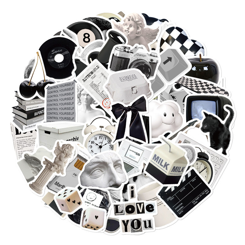 61 blanco y negro simple estilo pegatinas portátil taza de agua mano libro teléfono caso decorativo impermeable DIY pegatinas