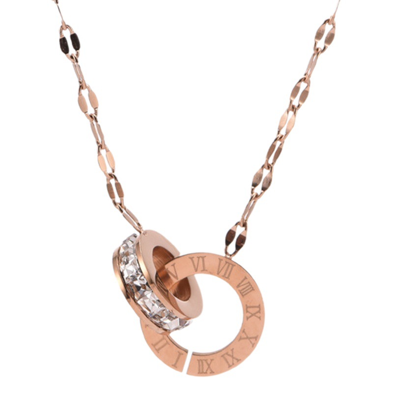 Rome Double-ring Diamond Pendant Titanium Steel Necklace Color-free Simple Light Luxury Titanium Steel Collarbone Versatile Necklace Accessories
