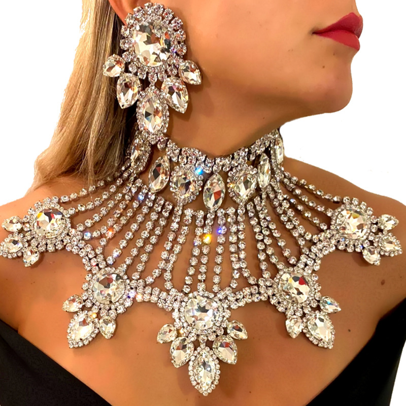 歐美誇張水鑽項鍊套裝 個性奢華多層水滴項鍊閃亮耳環jewelry set