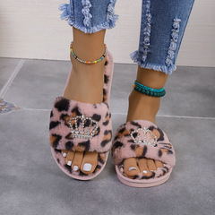 亞馬遜一字豹紋毛絨拖鞋女秋冬新款室內保暖皇冠加厚漏趾毛毛拖鞋