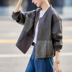 时尚休闲立领皮衣女2025秋季宽松显瘦拼接夹克拉链短外套潮