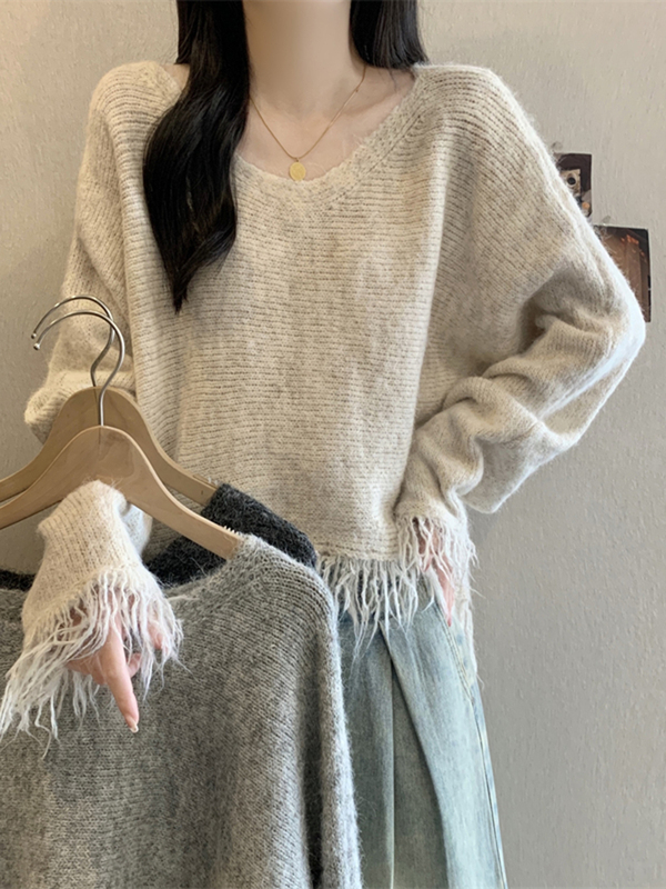 韩系高级感流苏针织衫女秋季新款设计感小众宽松百搭显瘦短款上衣|undefined