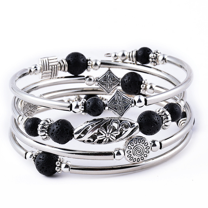 Geometric Pattern Women'S Gender Inlay Design Ethnic Style Geometric Alloy Inlay Natural Stone Women's Bangle