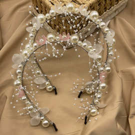欧美新娘婚礼发饰白色花朵手工串珠软链发箍头饰女童礼服花环头箍