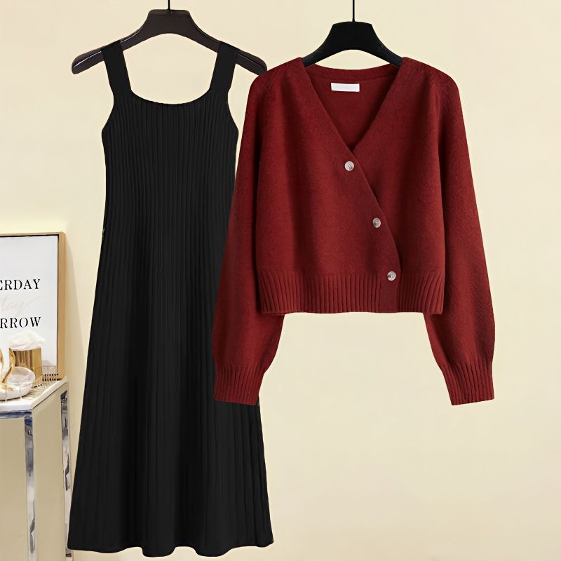 Plus-Size Women's Autumn Outfit 2025 New Red Knitted Cardigan Sweater Versatile Slip Dress Two-Piece Set Plus-Size Women's Autumn Outfit 2025 New Red Knitted Cardigan Sweater Versatile Slip Dress Two-Piece Set
