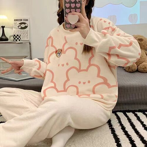 Ladies' Winter Plaid Pajama Set Homecoming Fleece Set Coral Fleece Autumn/Winter Long Sleeve Set Korean Version Cute Plus Size Dropshipping