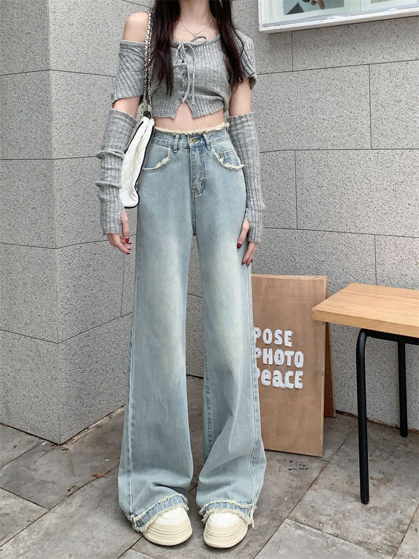 高个子加长设计感毛边直筒牛仔裤女春季高腰宽松显瘦阔腿拖地裤子|undefined
