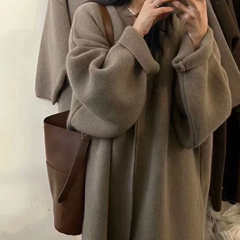 高级显瘦针织开衫毛衣女中长款秋冬纯色慵懒过膝宽松大衣大版外套|undefined