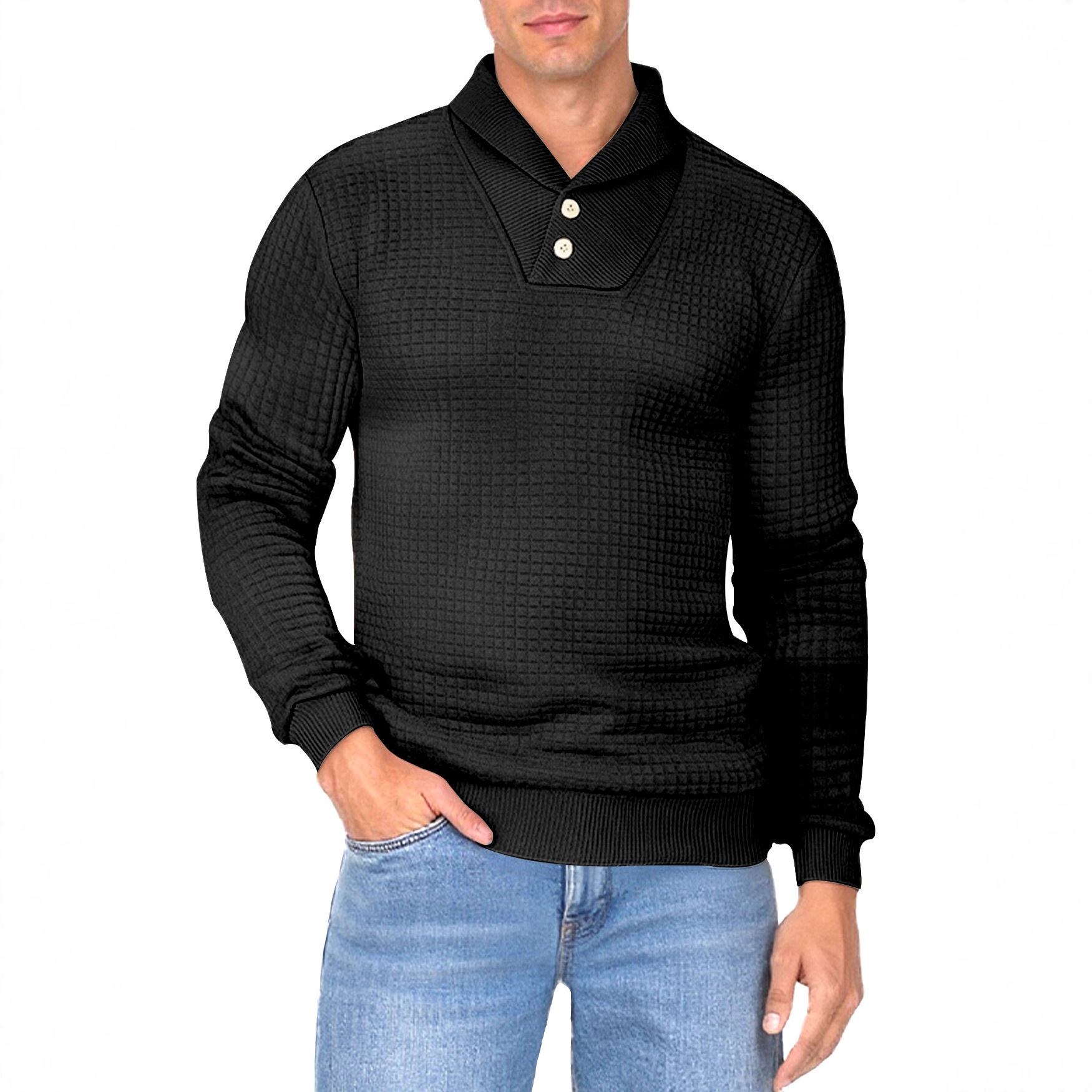 Transfronterizo Europa y América Amazon nuevo hombre pequeño cuadrado Jacquard botón de solapa Waffle camiseta casual de manga larga para hombre