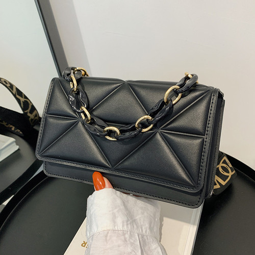 Popular texture women's bag  new trendy fashion chain shoulder crossbody bag wide shoulder strap embossed plaid small square bag