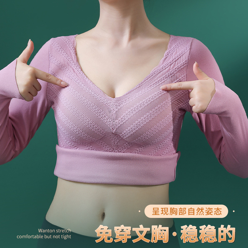 Otoño e Invierno de terciopelo sin costuras ropa interior térmica engrosada de las mujeres con cuello en V encaje bottoming ropa con almohadilla en el pecho temperatura constante térmica de manga larga